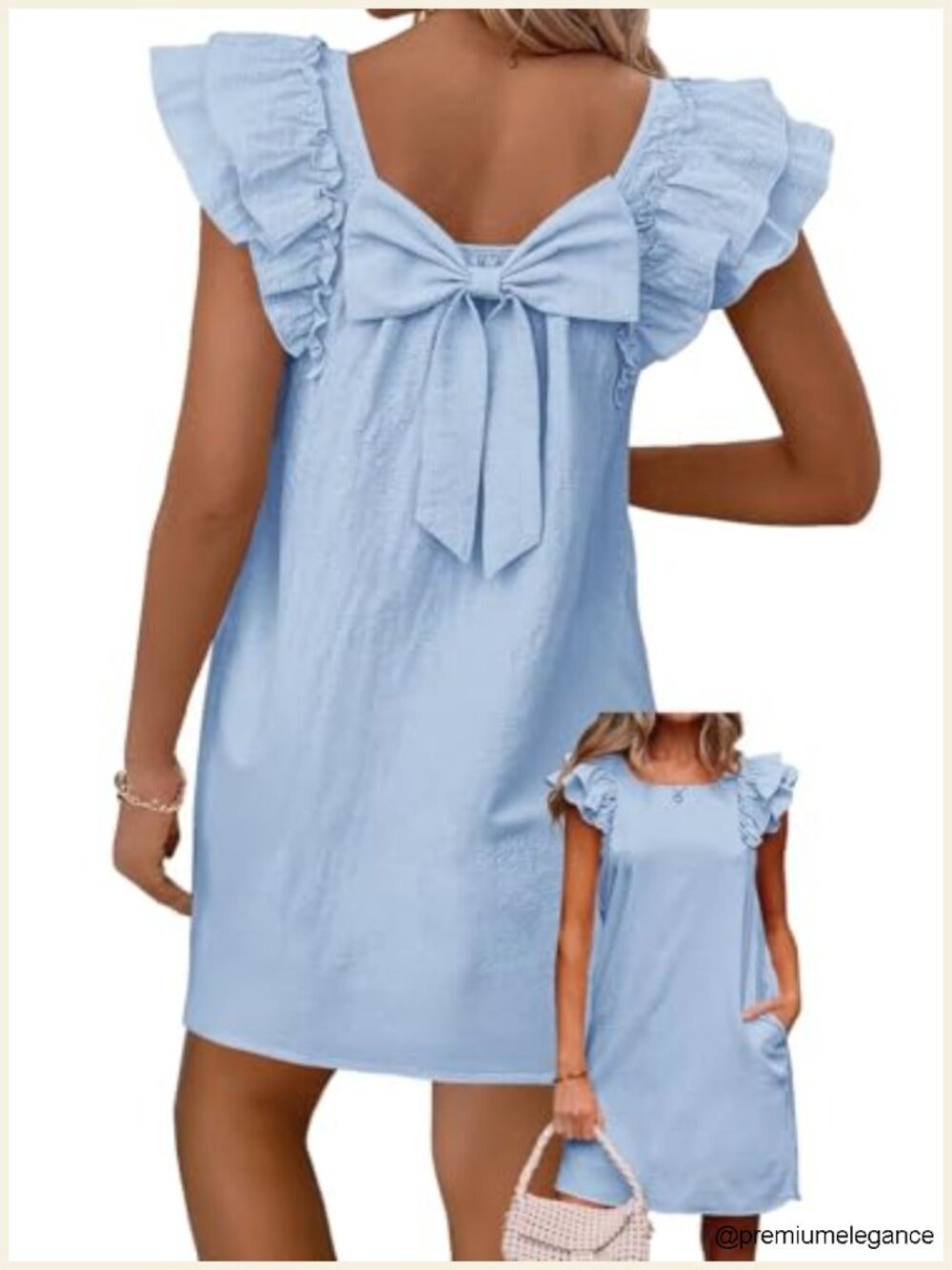 Womens Square Neck Knitted Sundress Bow Back Ruffle Short Sleeve Ruched